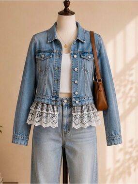 Anthropologie Pilcro and the Letterpress Denim Jacket Lace Ruffle Trim Boho XS